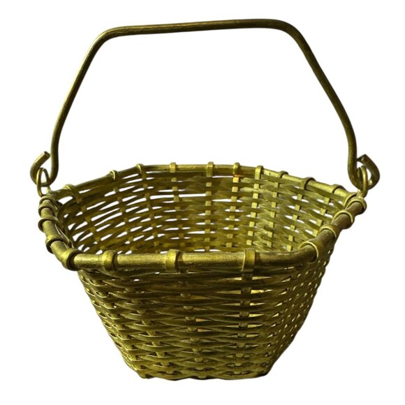 Vintage Solid Brass Woven Basket with Handle 4.5" W x 2.5" H Hexagon Shape India - Picture 1 of 3
